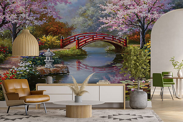 Peinture d'un étang avec un pont et des fleurs Peinture d'un étang avec un pont et des fleurs