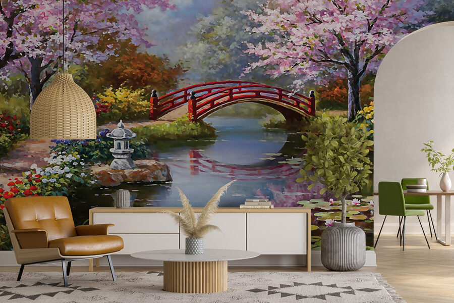 Peinture d'un étang avec un pont et des fleurs