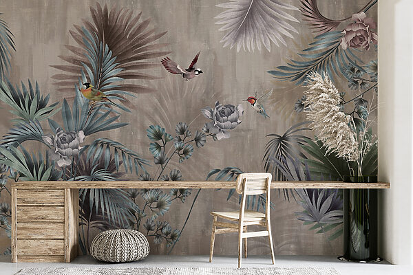 Papier peint avec des oiseaux et des fleurs Papier peint avec des oiseaux et des fleurs