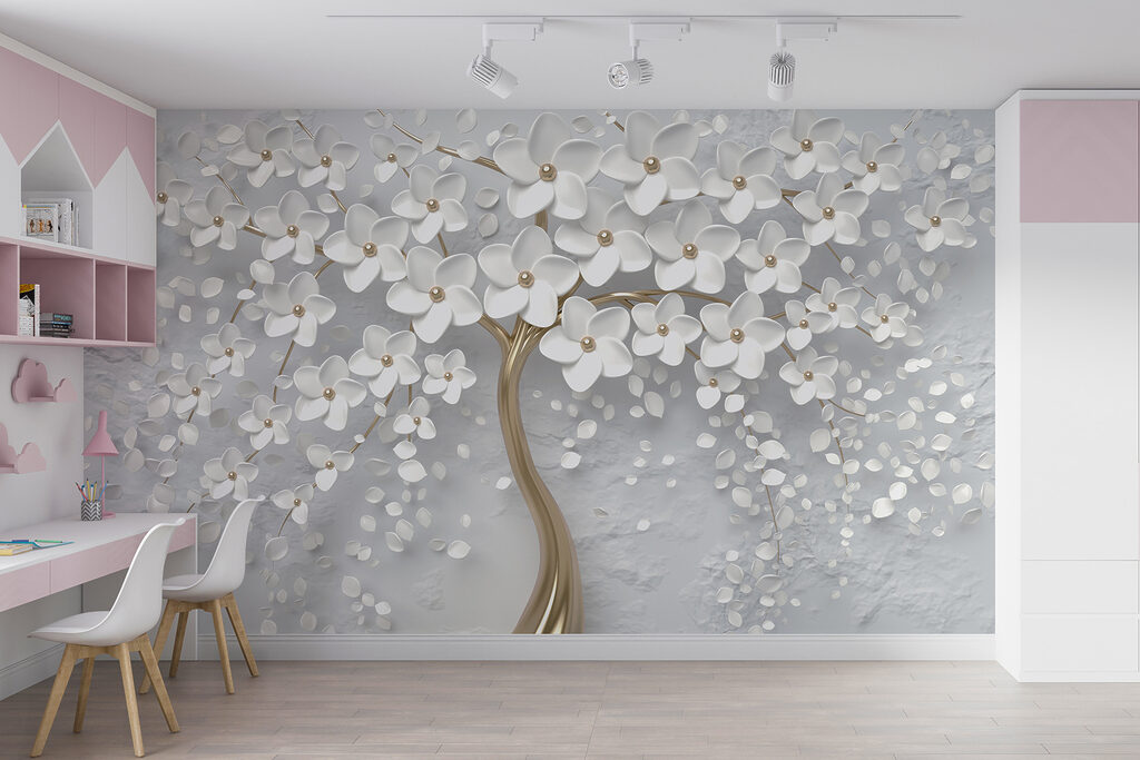 Tree with white flowers and leaves