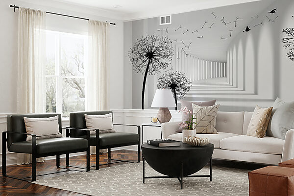 Chambre blanche avec des arbres et des oiseaux qui volent Chambre blanche avec des arbres et des oiseaux qui volent