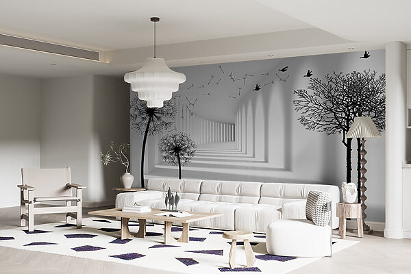 Chambre blanche avec des arbres et des oiseaux qui volent Chambre blanche avec des arbres et des oiseaux qui volent
