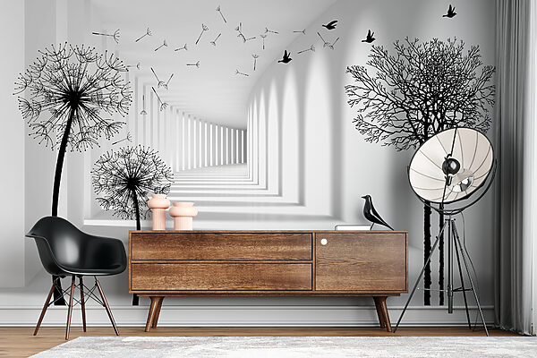 Chambre blanche avec des arbres et des oiseaux qui volent Chambre blanche avec des arbres et des oiseaux qui volent