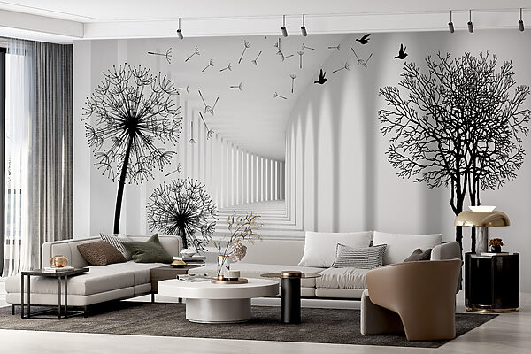Chambre blanche avec des arbres et des oiseaux qui volent Chambre blanche avec des arbres et des oiseaux qui volent