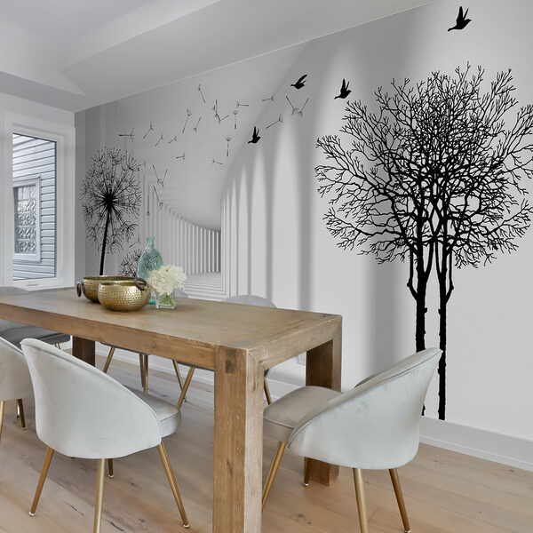 Chambre blanche avec des arbres et des oiseaux qui volent Chambre blanche avec des arbres et des oiseaux qui volent