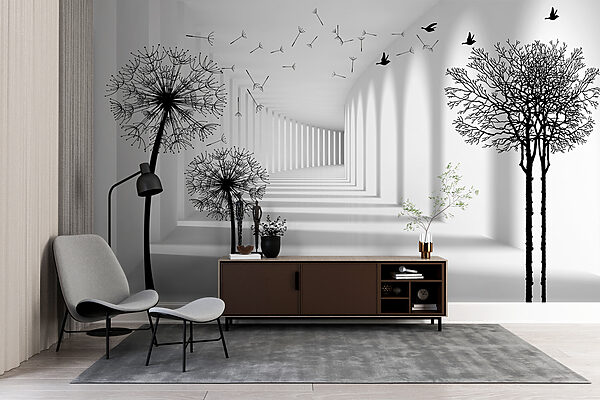 Chambre blanche avec des arbres et des oiseaux qui volent Chambre blanche avec des arbres et des oiseaux qui volent