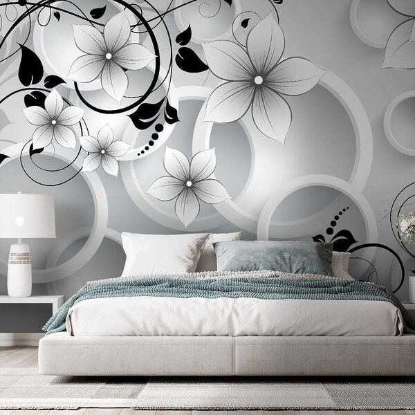 Papier peint avec des fleurs et des cercles Papier peint avec des fleurs et des cercles