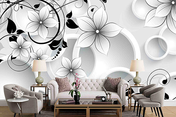 Papier peint avec des fleurs et des cercles Papier peint avec des fleurs et des cercles