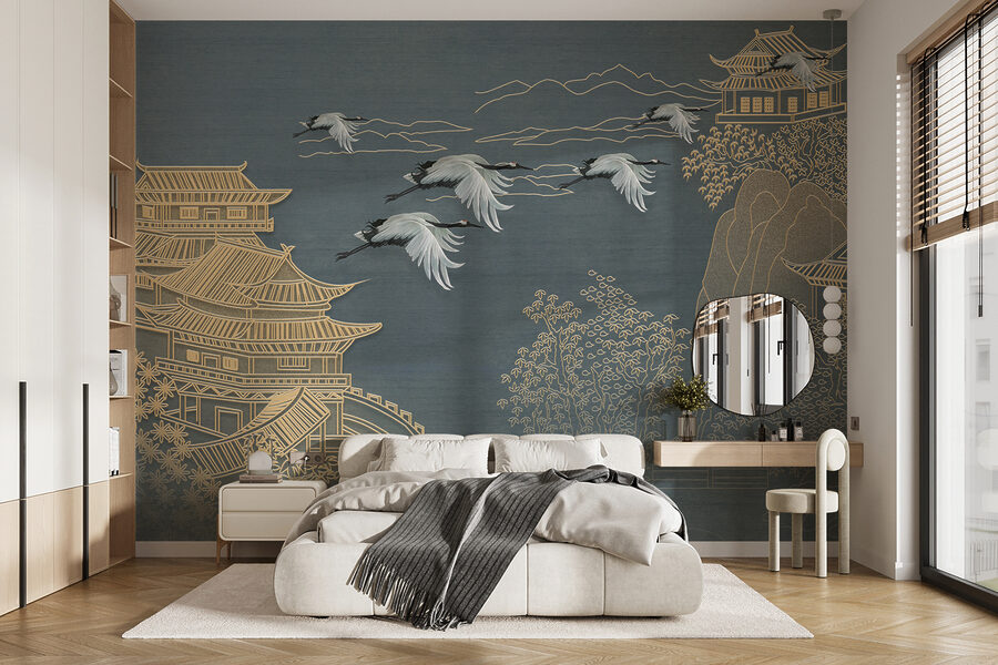 Papier peint Peinture d'un paysage avec des grues volant au-dessus d'un bâtiment – Image 11
