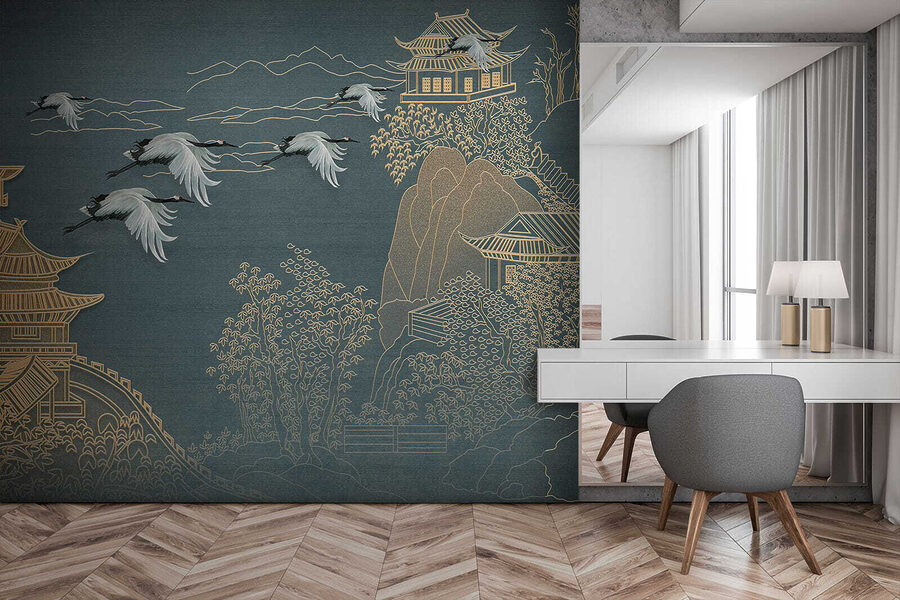 Papier peint Peinture d'un paysage avec des grues volant au-dessus d'un bâtiment – Image 12