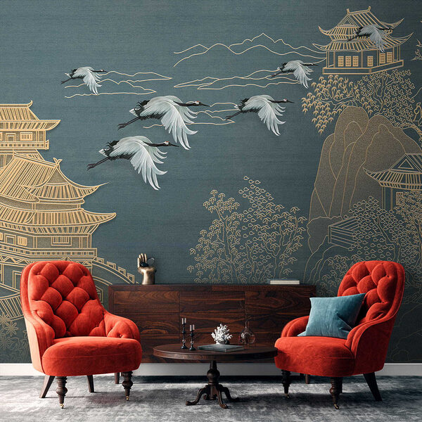 Peinture d'un paysage avec des grues volant au-dessus d'un bâtiment Peinture d'un paysage avec des grues volant au-dessus d'un bâtiment