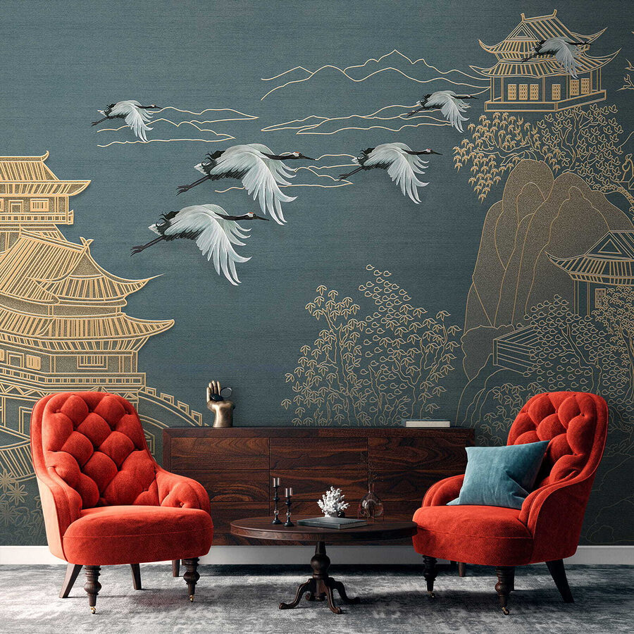 Papier peint Peinture d'un paysage avec des grues volant au-dessus d'un bâtiment – Image 13