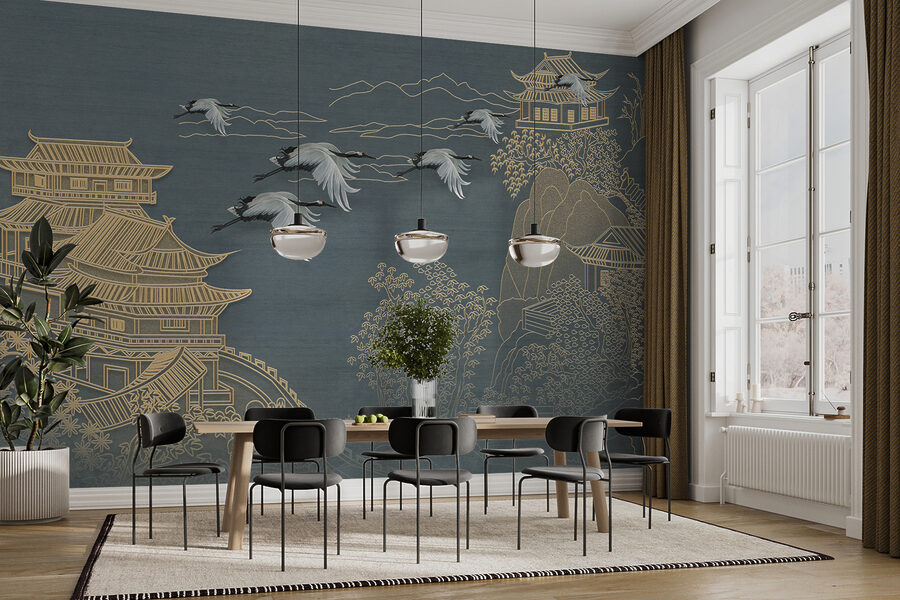 Papier peint Peinture d'un paysage avec des grues volant au-dessus d'un bâtiment – Image 14