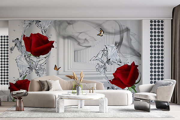 Roses rouges et papillons dans un verre Roses rouges et papillons dans un verre
