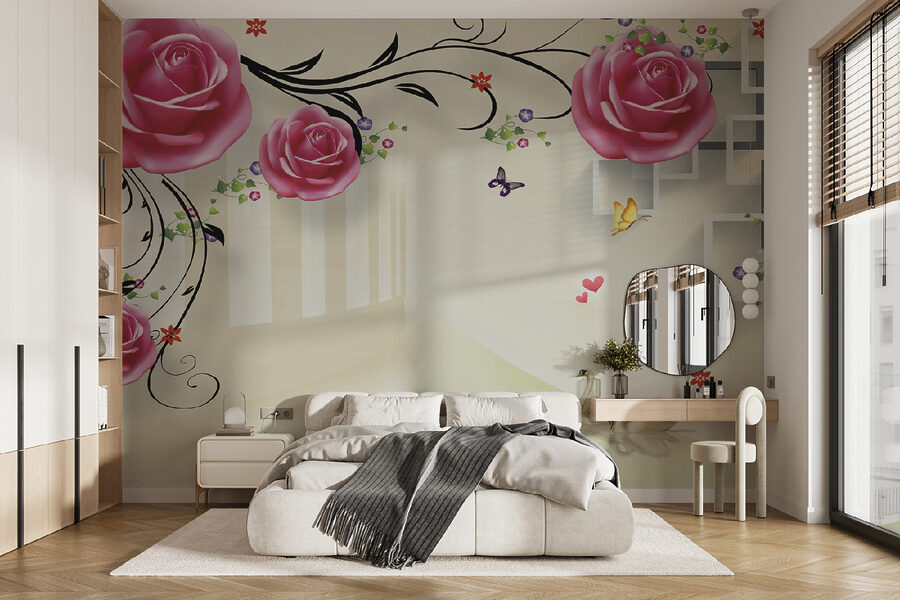 Papier peint avec des roses et des oiseaux