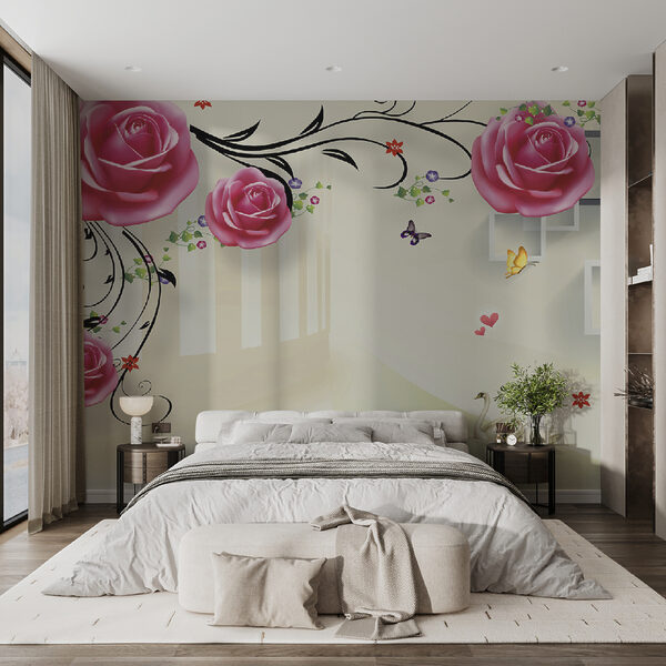 Papier peint avec des roses et des oiseaux Papier peint avec des roses et des oiseaux