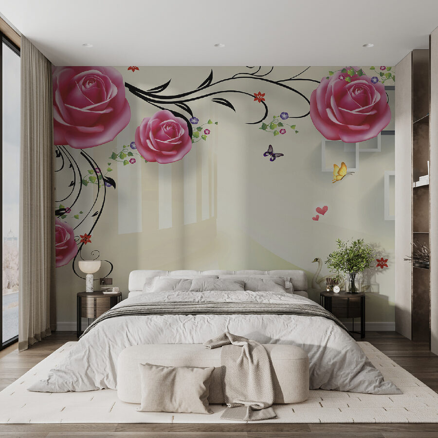 Papier peint avec des roses et des oiseaux