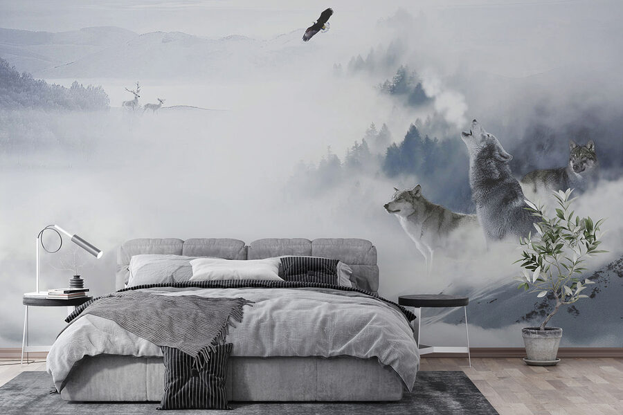 Loup hurlant dans la neige