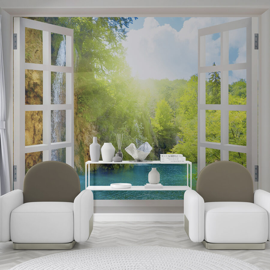 Fenêtre avec cascade et arbres