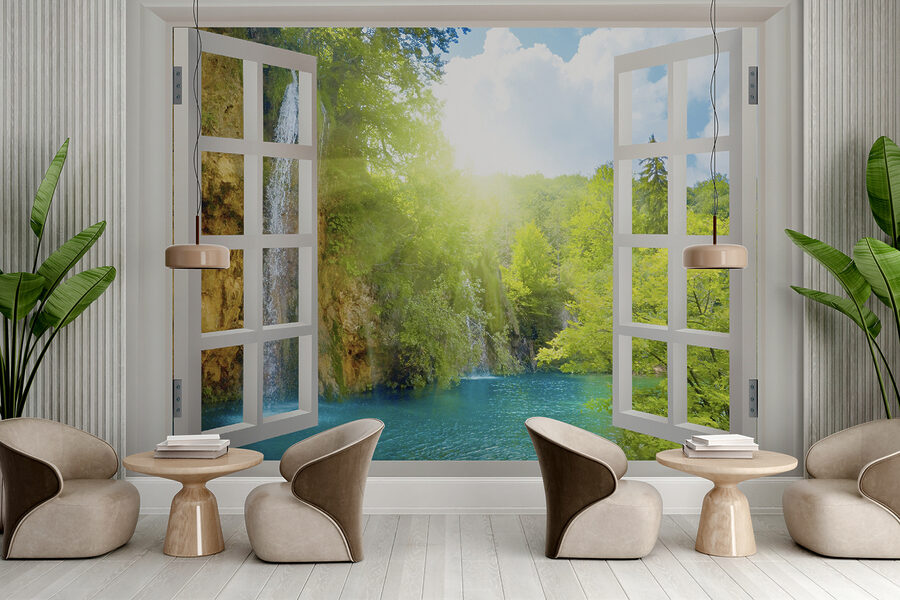 Fenêtre avec cascade et arbres