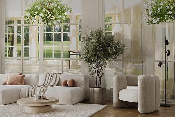 Porte-fenêtre blanche avec des fenêtres en verre et une plante en pot. Porte-fenêtre blanche avec des fenêtres en verre et une plante en pot.