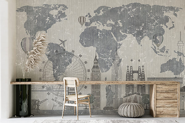Carte du monde avec des bâtiments et une grande roue Carte du monde avec des bâtiments et une grande roue