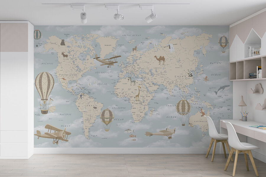 Papier peint Carte du monde avec différents animaux et oiseaux – Image 11