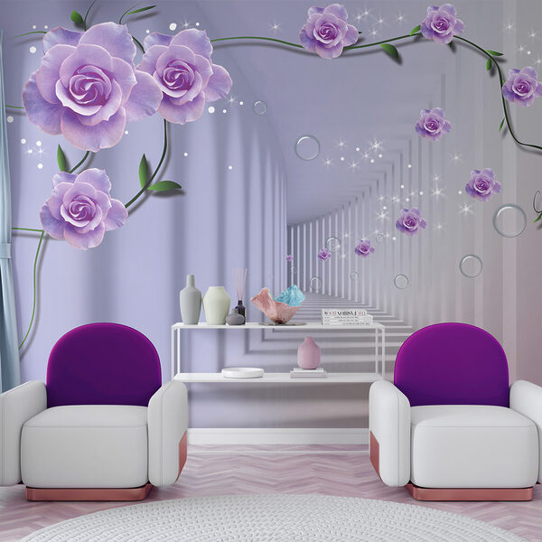 Papier peint avec des roses violettes et un escalier Papier peint avec des roses violettes et un escalier
