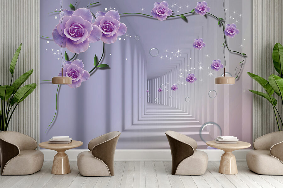 Papier peint avec des roses violettes et un escalier Papier peint avec des roses violettes et un escalier