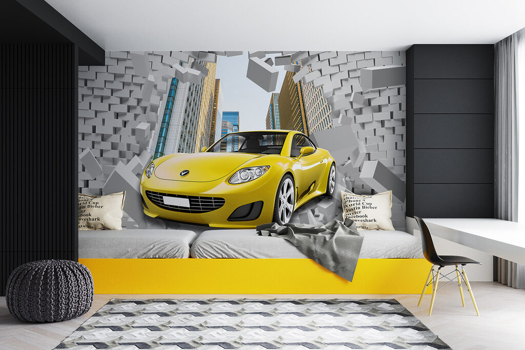 Yellow car in a wall of bricks Yellow car in a wall of bricks