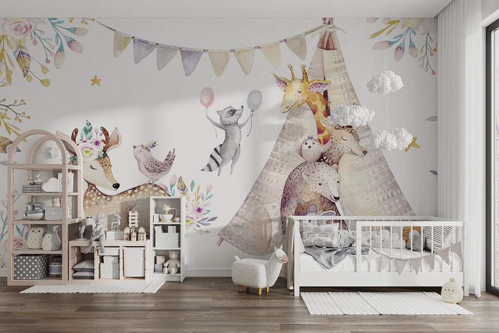 Group of animals with a teepee