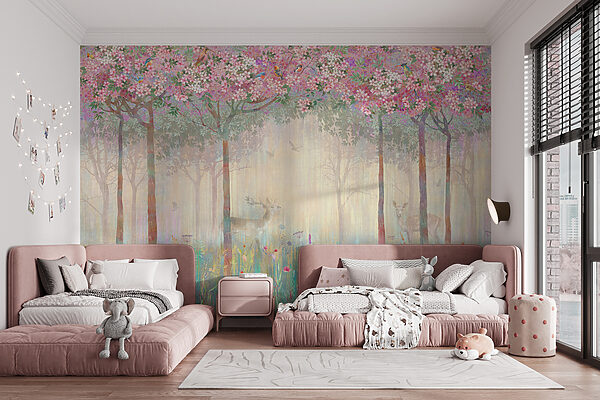 Peinture d'une forêt avec des arbres et des fleurs Peinture d'une forêt avec des arbres et des fleurs