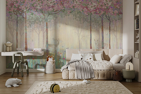 Peinture d'une forêt avec des arbres et des fleurs Peinture d'une forêt avec des arbres et des fleurs