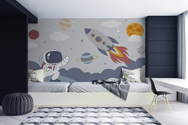 Caricature d'un astronaute marchant sur une planète avec une fusée dans le ciel Caricature d'un astronaute marchant sur une planète avec une fusée dans le ciel