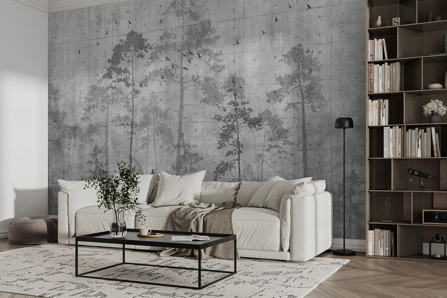 Mur gris avec arbres et oiseaux