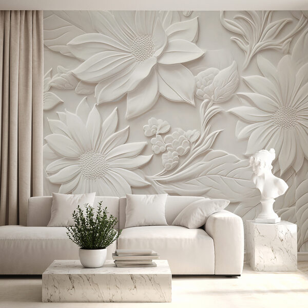 White wall with flowers and leaves White wall with flowers and leaves