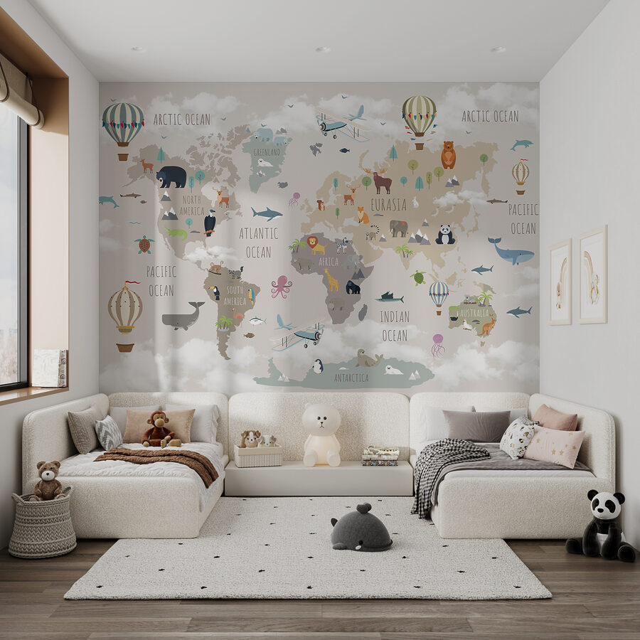 Carte du monde avec animaux et oiseaux