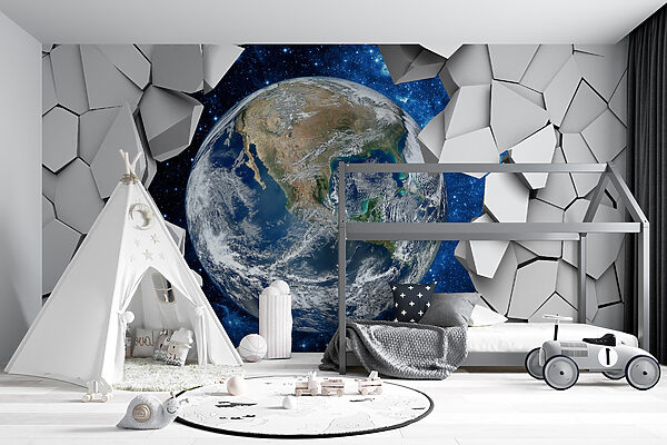 La planète Terre passe à travers un trou dans le mur La planète Terre passe à travers un trou dans le mur