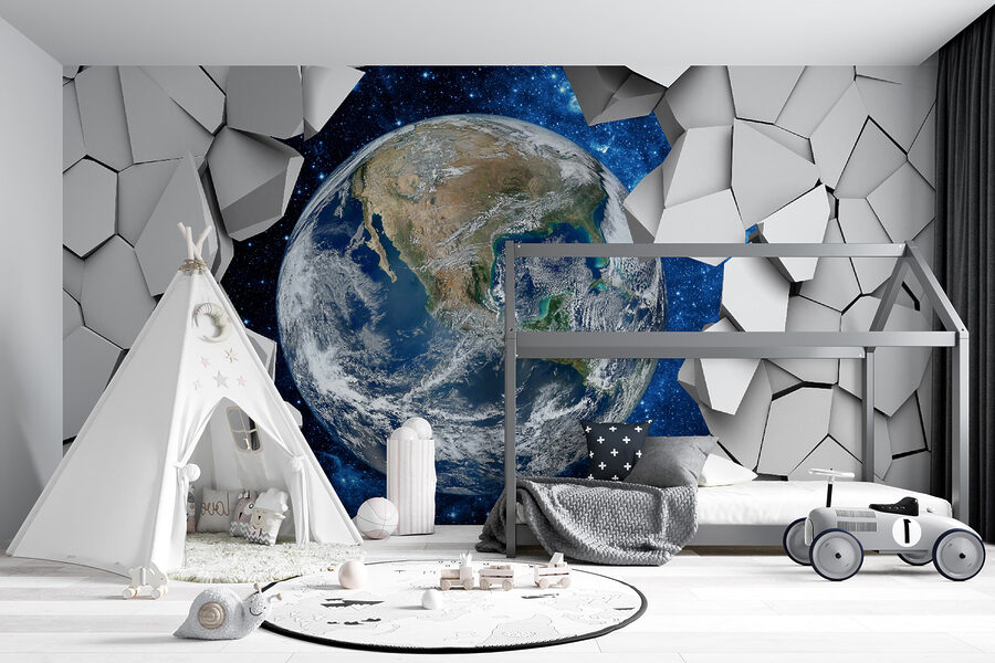 La planète Terre passe à travers un trou dans le mur