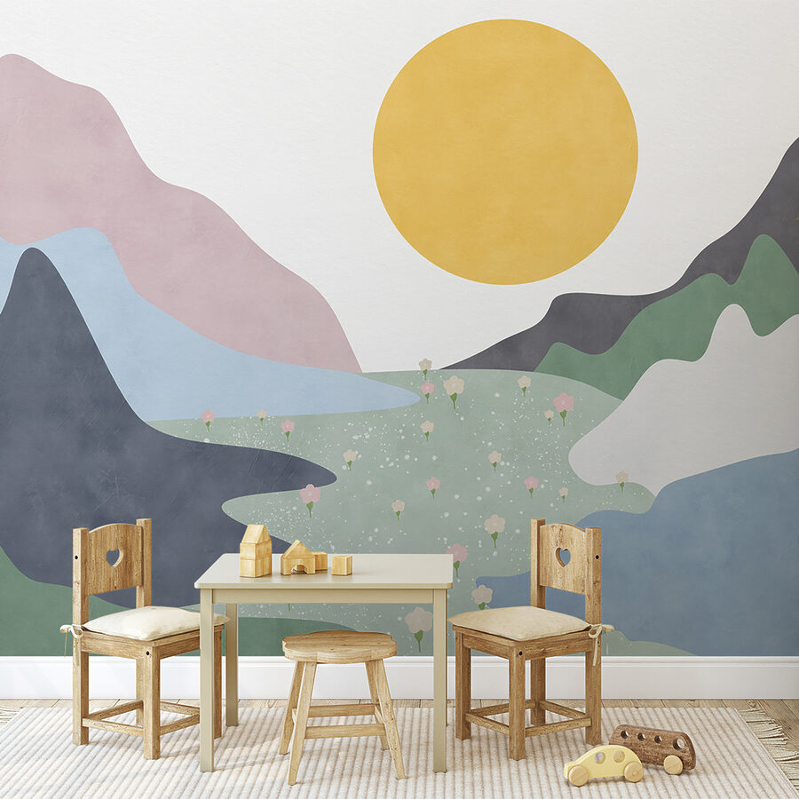 Un paysage avec des montagnes et des fleurs