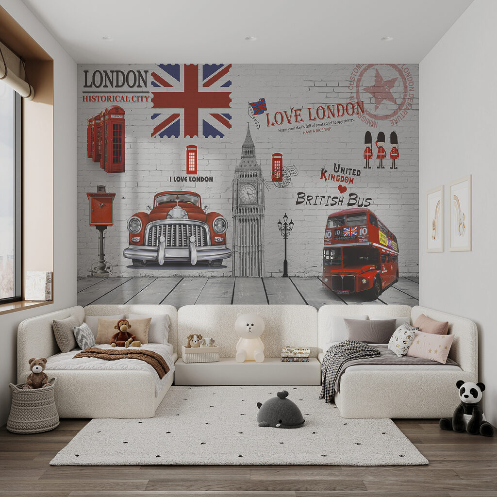 Red bus and a red bus painted on a wall Red bus and a red bus painted on a wall