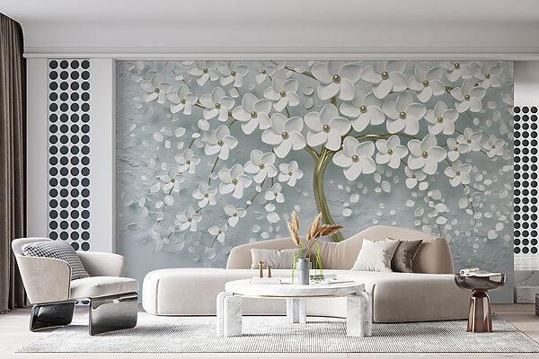 Arbre avec des fleurs et des feuilles blanches Arbre avec des fleurs et des feuilles blanches