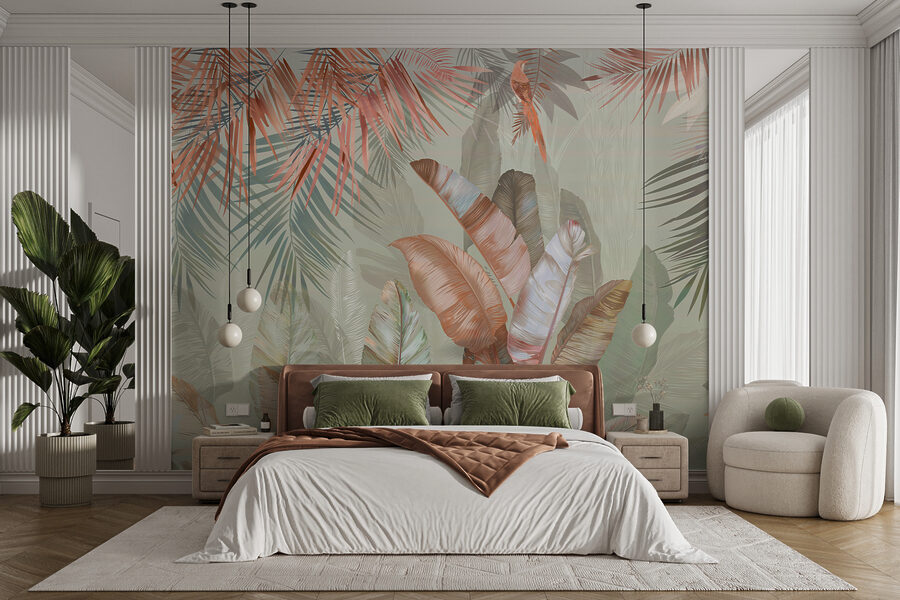 Feuillage tropical dans des tons doux et pastel.