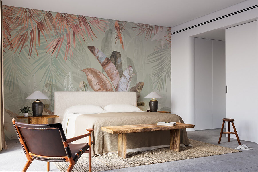Feuillage tropical dans des tons doux et pastel.