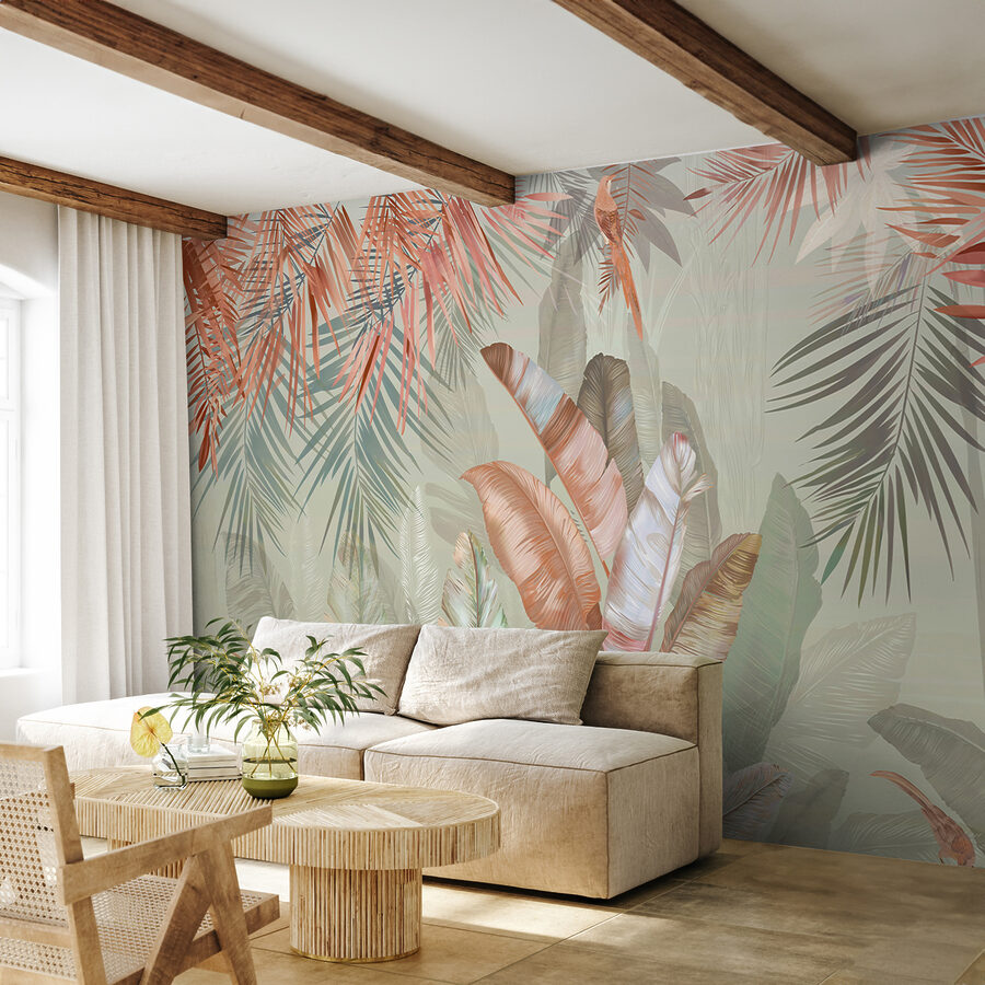 Feuillage tropical dans des tons doux et pastel.