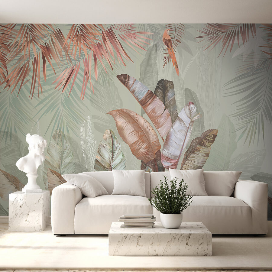 Feuillage tropical dans des tons doux et pastel.