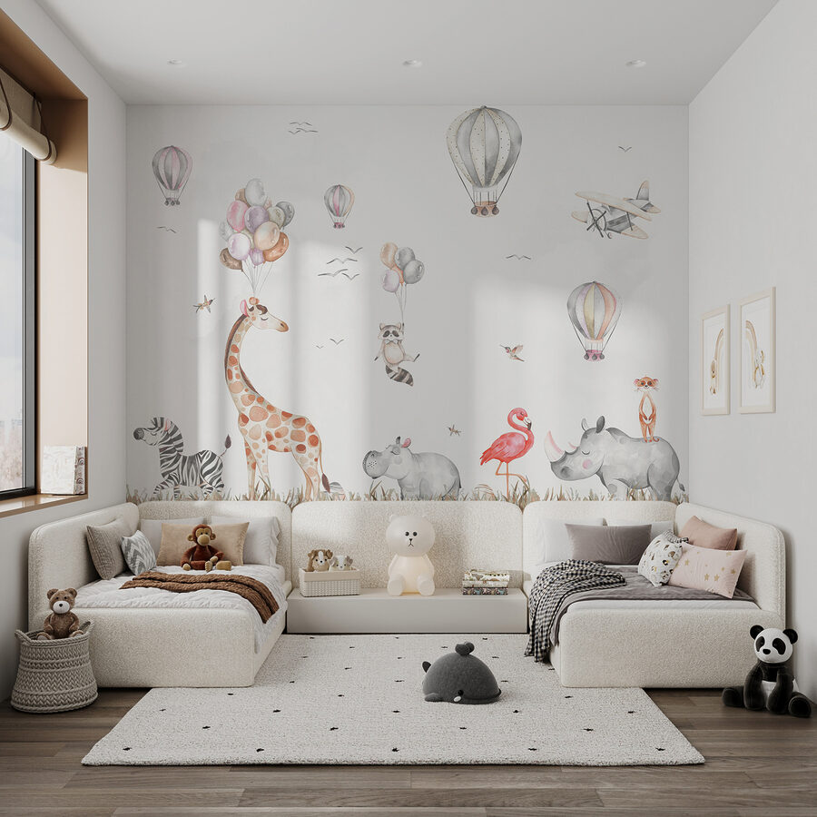 Peinture murale d'animaux et de montgolfières