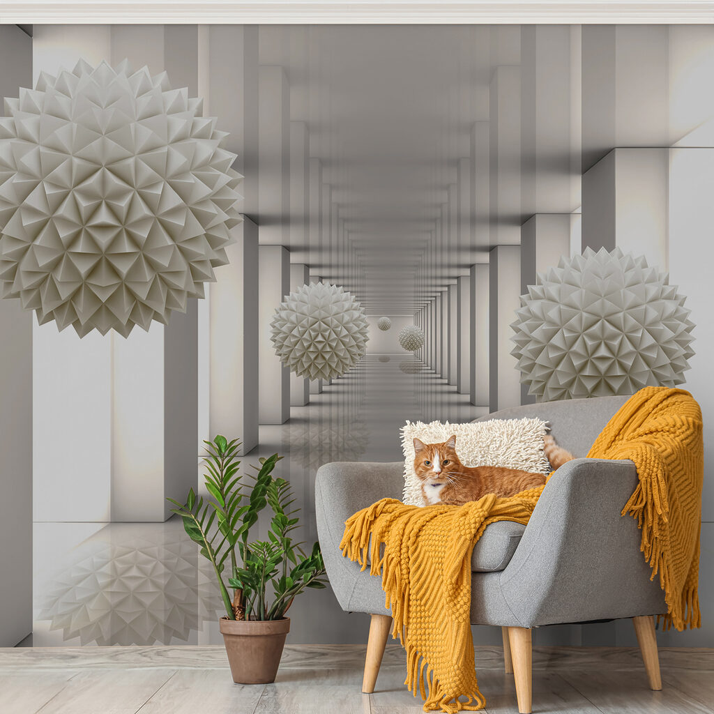 White room with white columns and white balls White room with white columns and white balls