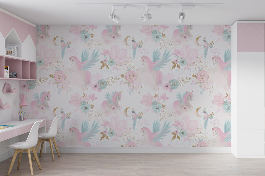 Motif de licornes et de fleurs roses et bleues Motif de licornes et de fleurs roses et bleues
