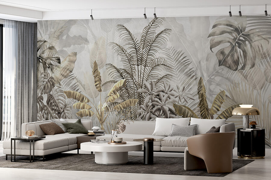 Feuilles tropicales en silhouette douce.